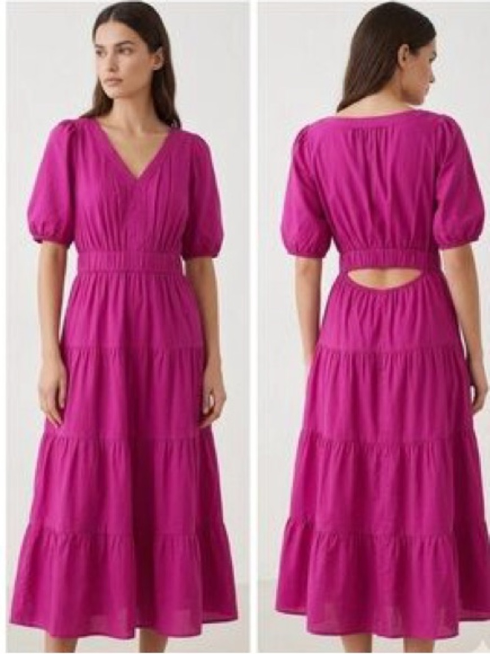 LOFT Fuchsia V-Neck Tiered Midi Dress